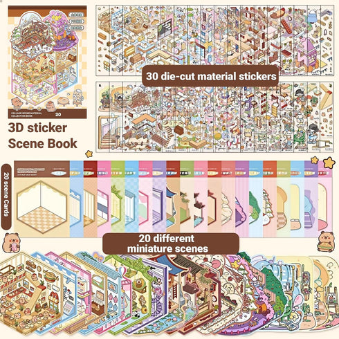 Krttwwx 20 Sets 3D DIY Sticker Scene Collection Book for Kids Adults Cute Make Your Own Shop House Stickers for Gifts