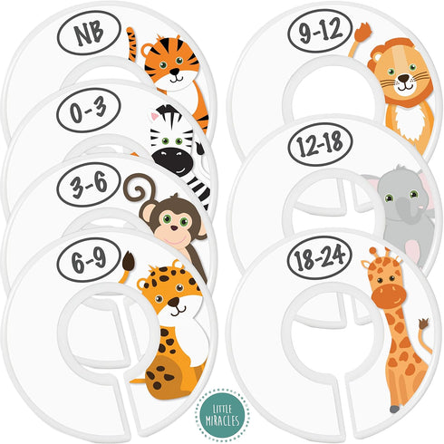 Baby Closet Size Dividers - 7X Safari Nursery Closet Dividers for Baby Clothes - Elephant Giraffe Zebra Lion Monkey