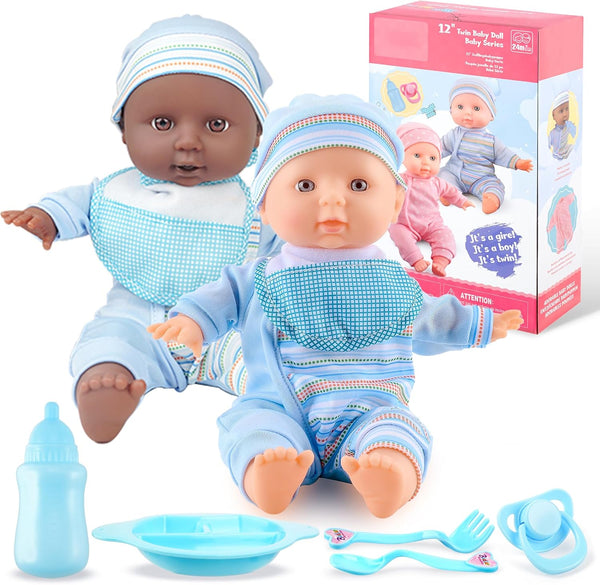 Toy Choi's Twin Baby Dolls - 12 inch Two Soft Body Black