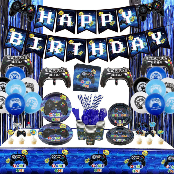 Video Game Party Supplies Set, Birthday Decoration for Boys, HAPPY BIRTHDAY Gamer Banner, Serves 20