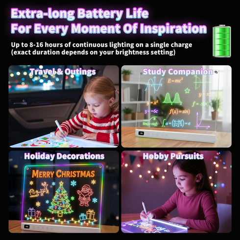 13 16" Led Drawing Board with Light Effects, Rechargeable Glow Doodle LED Note Board with Colors, Neon Light Up Drawing