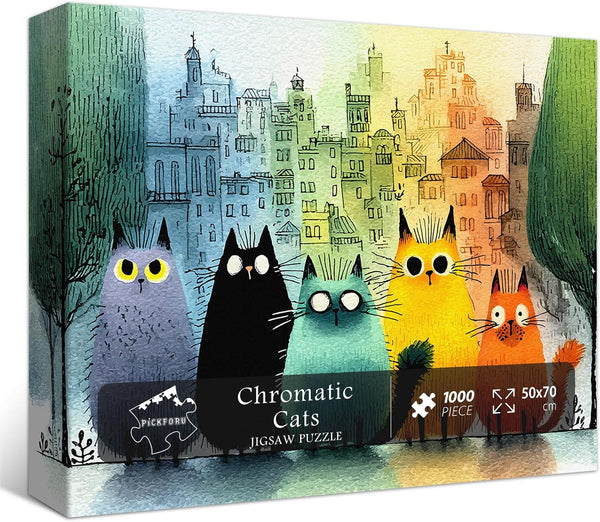 PICKFORU Gradient Cat Puzzles for Adults 1000 Pieces, Colorful City Jigsaw Puzzle, Cute
