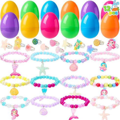 JOYIN 12 Pack Prefilled Easter Eggs with Jewelry Toys Inside, Beads Bracelets and Rings for Kids Egg Hunt, Girls Party