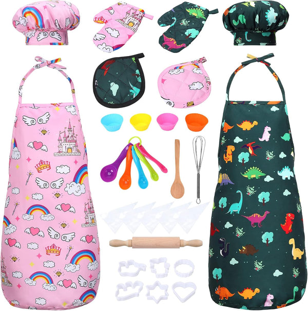 FunsLane Kids Cooking and Baking Chef Set, 2 Pcs Apron (Pink Green) Chef