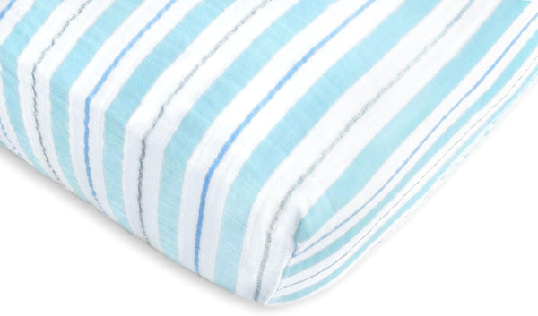 SwaddleDesigns Softest Cotton Muslin Fitted Crib Sheet for Baby Boy & Girl, Blue 3 Color Stripe
