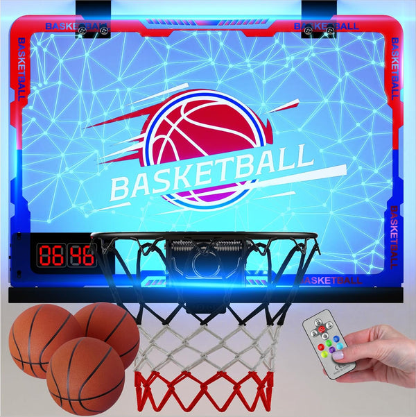 Mini Indoor Basketball Hoop with Scoreboard, Timer, 7-Color Lights & 3-Light Effects, Over The Door for Kids