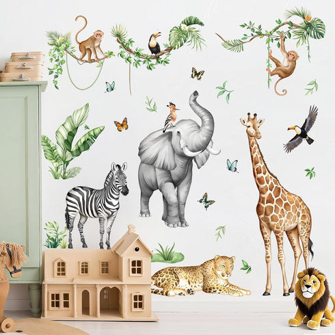 Jungle Safari Animal Wall Decals for Kids Room - Wildlife Wall Stickers Giraffe Elephant Leopard Zebra Monkey Removable