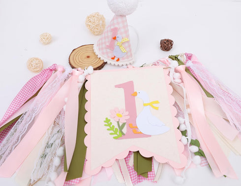 LINLULU 1st One Funny Goose High Chair Banner for Girls - Goose Birthday Decorations for Girls, Pink GooseFirst