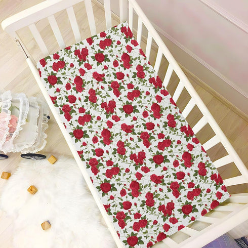 Vdsrup 39 27 5In Crib Sheets for Boys Girl Red Roses Green Leaves Neutral Mini Crib Mattress Sheets Fitted, Toddler