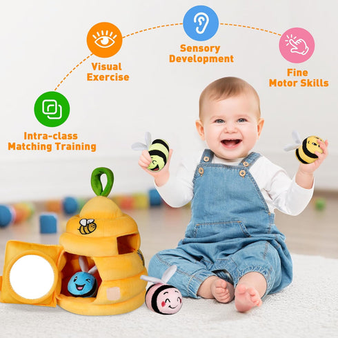 Sortnic 6-12 4 0-3 Baby Toys Months, Soft Beehive with Sensory Bees, Map Pad, Rattle, Crinkle Paper, Squeaker, Mirror