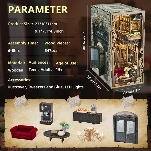MiniCity Book Nook Kit, DIY Miniature Dollhouse Book Nook Kit with Dust Cover and LED Light (Saisons Caf)