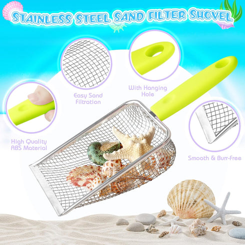 FHOZGECY 2 2 Beach Toys, Sand Toys with Collapsible Bucket, Beach Mesh Shovel, Sand Shovel, Shark Tooth Sifter and Mesh