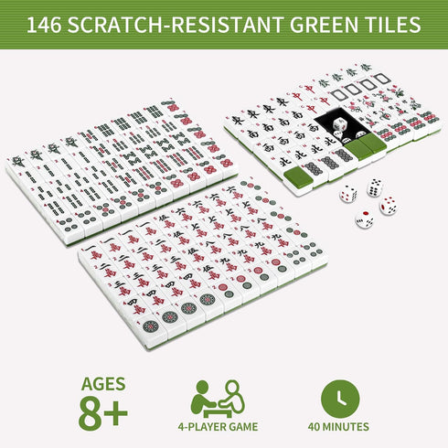 1.18"(30mm) Chinese Green Mahjong Set - 144 + 8 Numbered Tiles, Travel-Friendly with Accessories