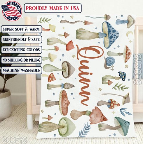 Scozys Personalized Cute Mushroom Blanket - Custom Mushrooms Blanket Nursery Decor - Mushroom Nursery Theme Baby Shower
