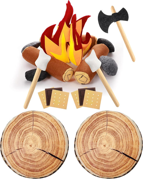 17 Pcs Pretend Camping Play Set - Decorative Round Throw Pillows, Safe Fake Campfire Plush Wood Shaped Floor Cushion