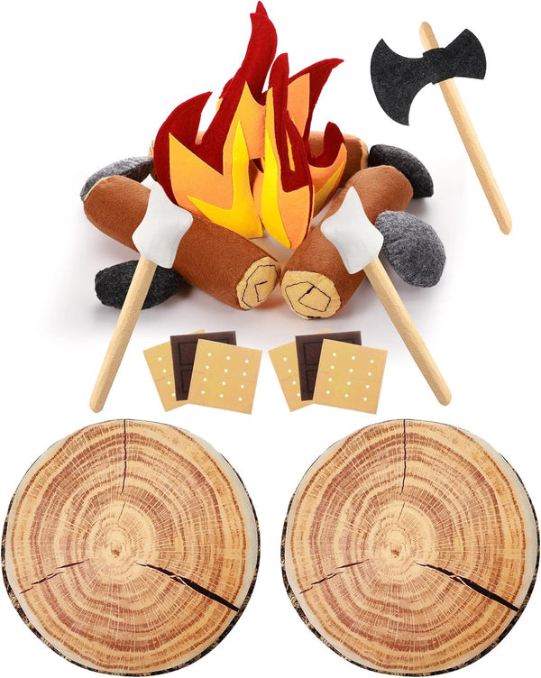 17 Pcs Pretend Camping Play Set - Decorative Round Throw Pillows, Safe Fake Campfire Plush Wood Shaped Floor Cushion