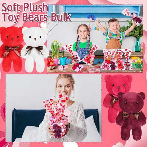 Zonon 144 Pcs Valentine's Day Mini Stuffed Bear Bulk Toy with Gift Bags and Heart Cards, 4.72 Inch Plush Bears