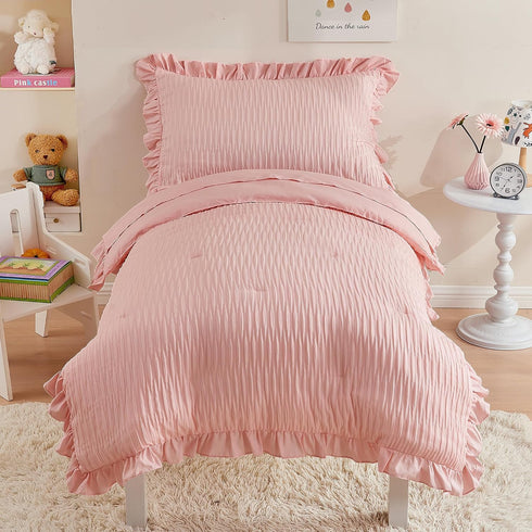 Cozyholy 4 Piece Textured Seersucker Toddler Bedding Set Girls Crib Sheets Set