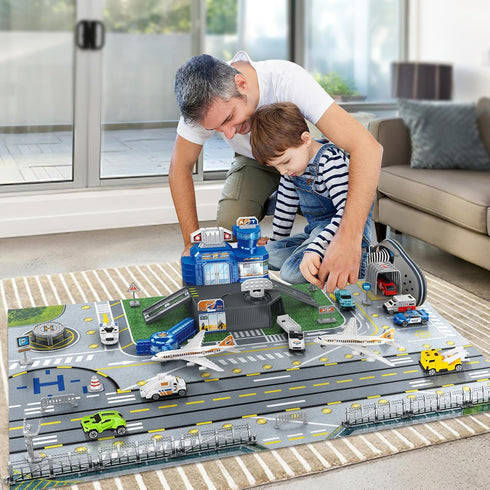 3 4 5 6 deAO Airplane Toys for Kids with Trucks, Helicopter,Planes, Signs,Fire Trucks Race Cars and Airport