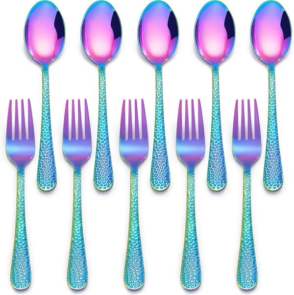 E-far 10-Piece Toddler Forks and Spoons Set, Stainless Steel Kids Safe Silverware for Self Feeding, Rainbow