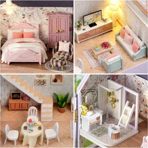 (D032) CUTEROOM Dollhouse Miniature with Furniture, DIY Wooden Dollhouse Kit Plus LED Lights, Creative Room