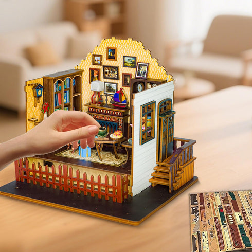 Roine Lxux 3D DIY Miniature Dollhouse Kits - Wooden Tiny Building Model Puzzle with LED Lights for Beginners - Craft