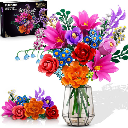 CUBIMANA Flowers Bouquet Building Set with LED Light, 21 Flower Botanical Collection