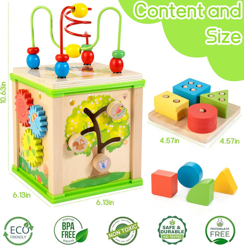 Wooden 7-in-1 Activity Cube, Montessori Toys for 1 2 3 Year Old Toddlers, Educational Developmental Toys