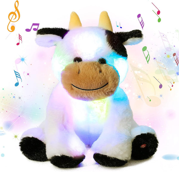 Cuteoy Glowing LED Cow Nightlight, Musical Plush Stuffed Animal with Lullabies, Gifts for Kids, 10"