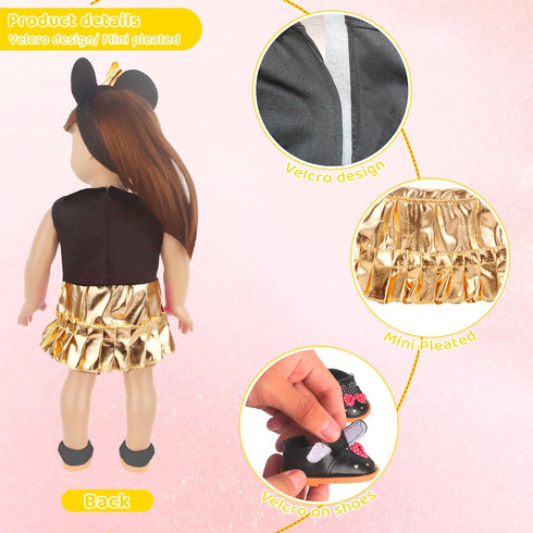 Micky Themed Cosplay Kit for 18 Inch Girl Dolls, Gold Accessories Including Bow Hairband, Dress & More