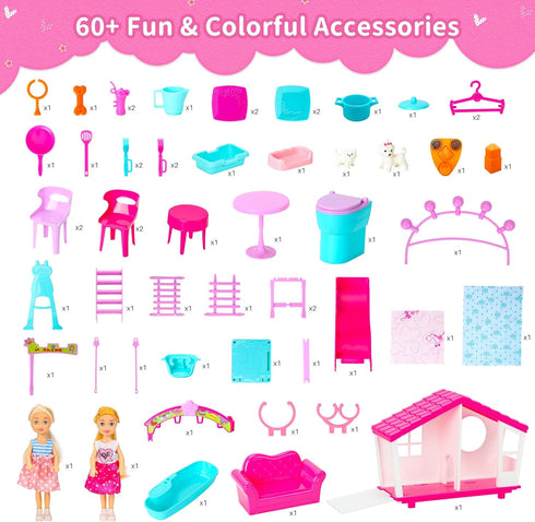 Doll House Portable & Foldable Dollhouse with 60+ Pcs & 2 Dolls, Playhouse Toy for Kids