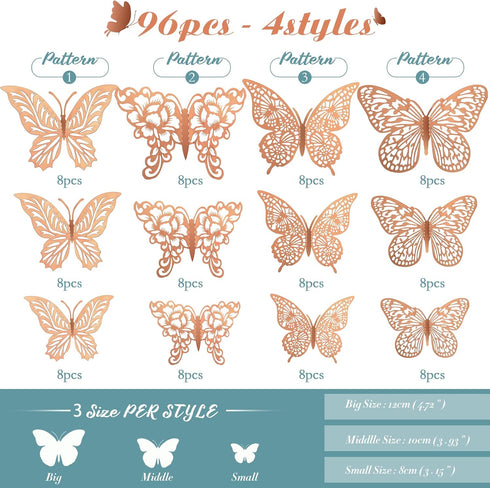 3D Gold Butterfly Wall Decor, 4 Styles 3 Sizes Removable Stickers for Party Decorations, Cake Decor, Metallic Kids Room