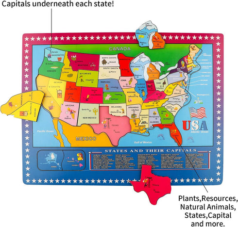 Joqutoys Wooden USA Map Puzzle - 46 Pieces Educational Geography Puzzle for Kids, United States Map Gift
