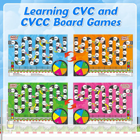 Educational Phonics Board Games for Kids, CVC and CVCC Reading and Spelling Games for Ages 4-6, Family Fun