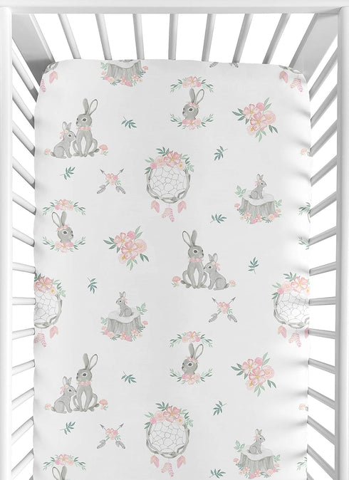 Sweet Jojo Designs Blush Pink and Grey Woodland Boho Dream Catcher Arrow Girl Baby Crib Sheet for Gray Bunny Floral