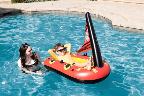 Poolmaster Inflatable Pirate Boat Pool Float for Kids, Baby Rider Boat with Seat, Pirate Ship Inflatable with Mast, Oar