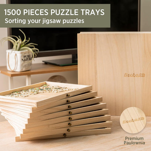 8 1500 Becko US Wooden Puzzle Sorting Trays with Sliding Drawer Design, Jigsaw Puzzle Sorters for Storage, Puzzles