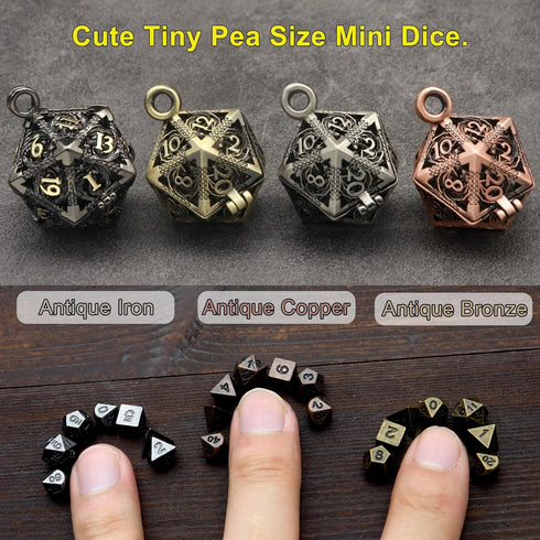 Haxtec Mini Metal DND Dice Set - 20mm Black Gold Hollow D20 Necklace with Antique Tiny Copper Dice