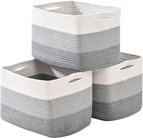 Storage Baskets for Organizing Shelves, 3 Packs Woven Cotton Rope Baskets for Books Towels Toys, 15"x11"x9.5", Gradient