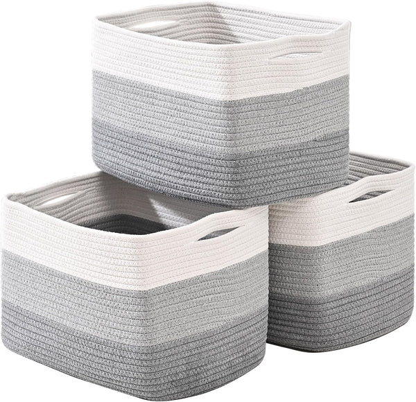 Storage Baskets for Organizing Shelves, 3 Packs Woven Cotton Rope Baskets for Books Towels Toys, 15"x11"x9.5", Gradient