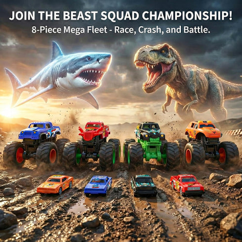 TOPMVP 8 Pack Set, 4 3 4 5 6 7 8 Monster Trucks & Die-cast Metal Cars Toy Powered Push and Go Battle Vehicles, DIY