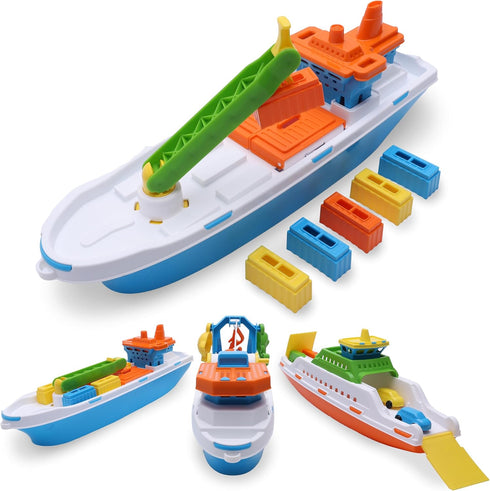 Toyland 41cm (16") 6 3 Colourful Cargo Ship with Moveable Doors, Crane & Plastic Containers - Kids Floating Water Toy