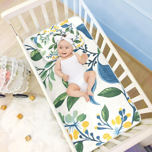 SyXIOP 28" 52" Vintage Floral Motifs Green Leaves Cooling Baby Waterproof Crib Mattress Protector x Reusable Bed Pads