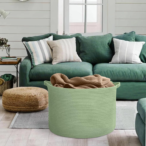 22" 22" 14" MEGASKET Extra Large Green Basket, X X Woven Cotton Rope Baskets for Blankets, Nursery Laundry Basket, Cute