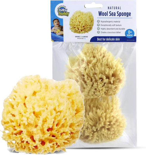 Baby Buddy Natural Wool Sea Sponge, Ultra Soft Newborn Bath Time Essential, Hypoallergenic & Biodegradable, 2 Pack