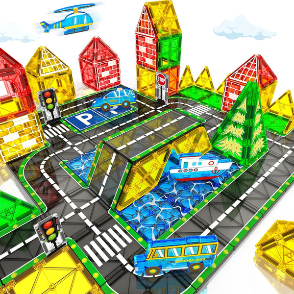 KAEILORU Magnetic Tiles Road Set with Car Magnet Building Tile Toys for