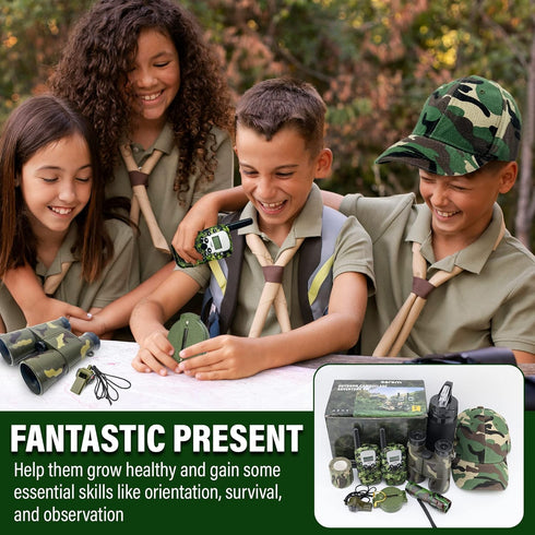 Outdoor Adventure Kit for Kids, Premium Camouflage Camping Gear with Walkie-Talkies, 10 in 1 Explorer Gear Set