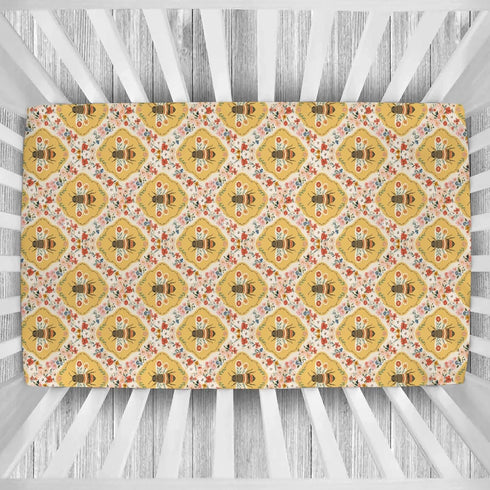 Cstdyfrv 28"x52" Vintage Bees Boho Floral Baby Crib Sheets Yellow Bees Flowers Spring Baby Sheet Nature Garden Fitted