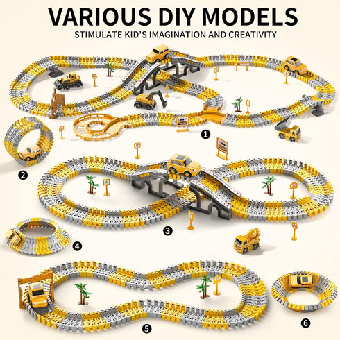 TEMI 236 PCS Construction Toys Race Tracks for 3-6 Year Old Boys, Flexible Track Playset with Construction Cars