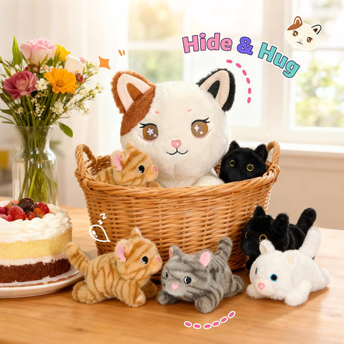 5PC Mommy 4 Onsoyours Original Cat Stuffed Animals with Babies Inside, Kawaii Kiity Plush with & Kittens - Cute
